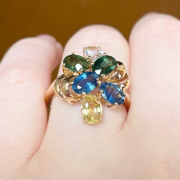 14K multicolor rainbow Genuine Sapphire oval cut cluster gold large swirl ring‍ - Picture 5 of 10